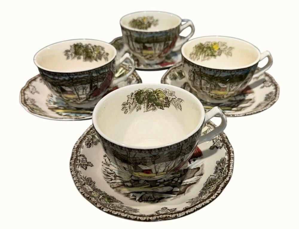 Johnson Bros Friendly Village Ice House Teacup & Saucer Set of 4 England